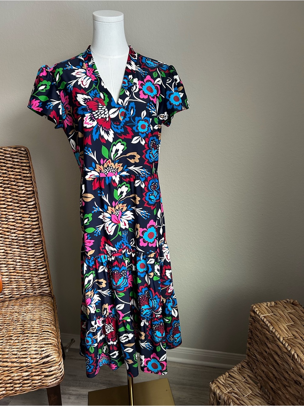 Jude Connally Navy Floral V-Neck Tiered Midi Dress
